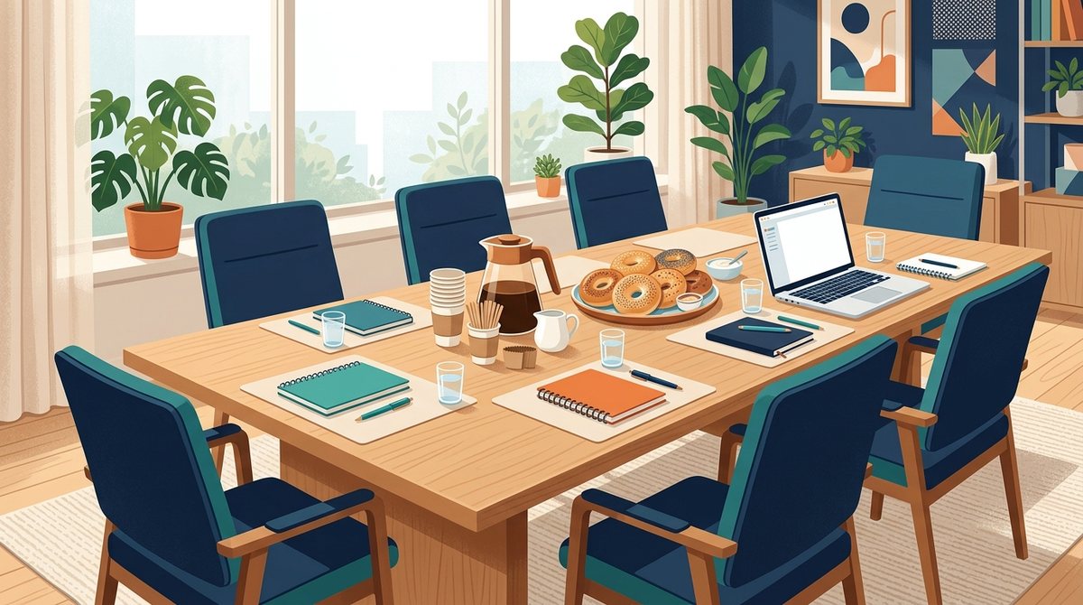 Illustration of a boardroom table set with coffee and a platter of bagels
