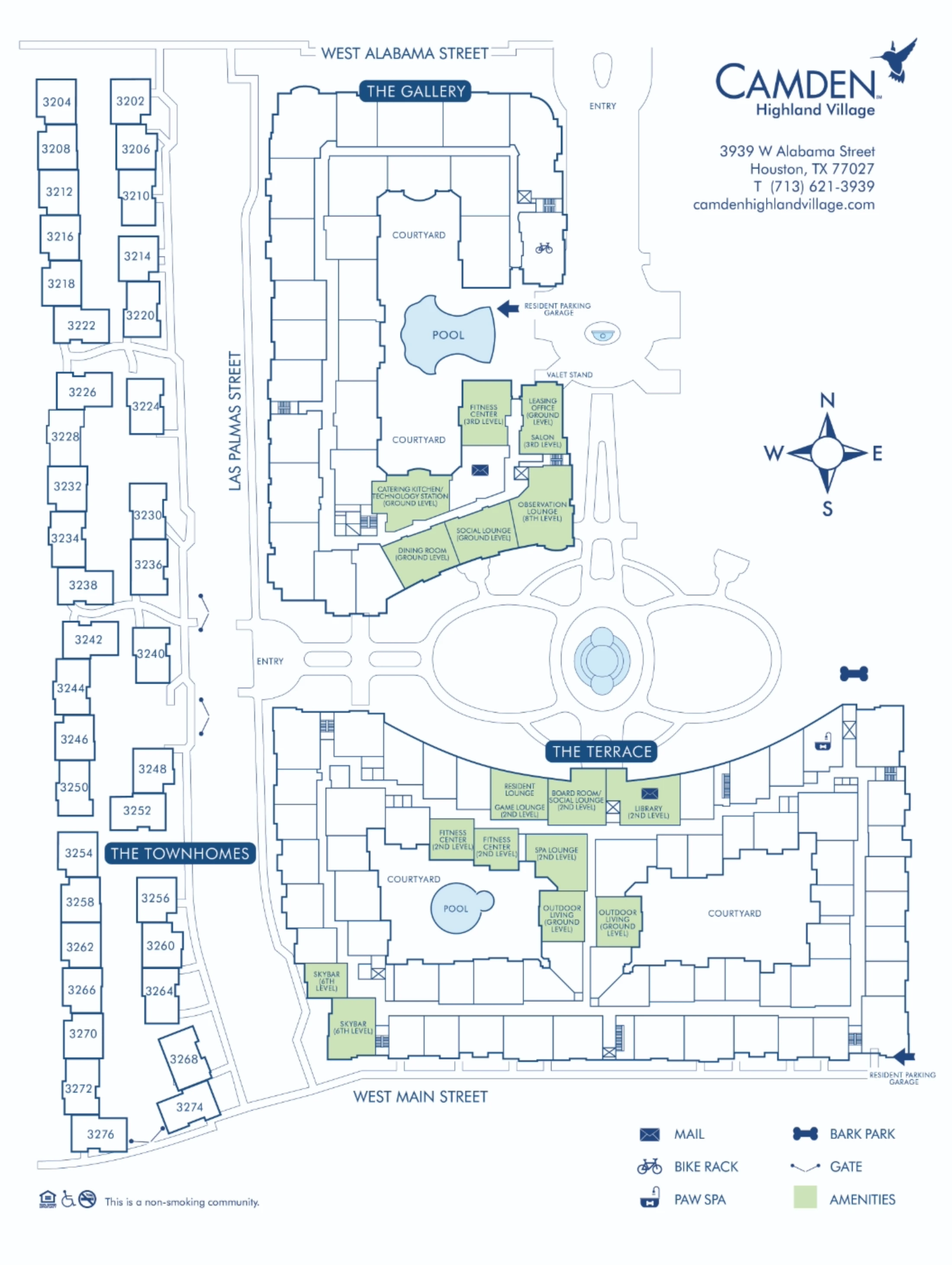 Official Camden Highland Village site map, with West Alabama Street across the top, Las Palmas Street down the west side, The Gallery at the top of the map and The Terrace below it, and the front desk beside the circle drive off West Alabama.
